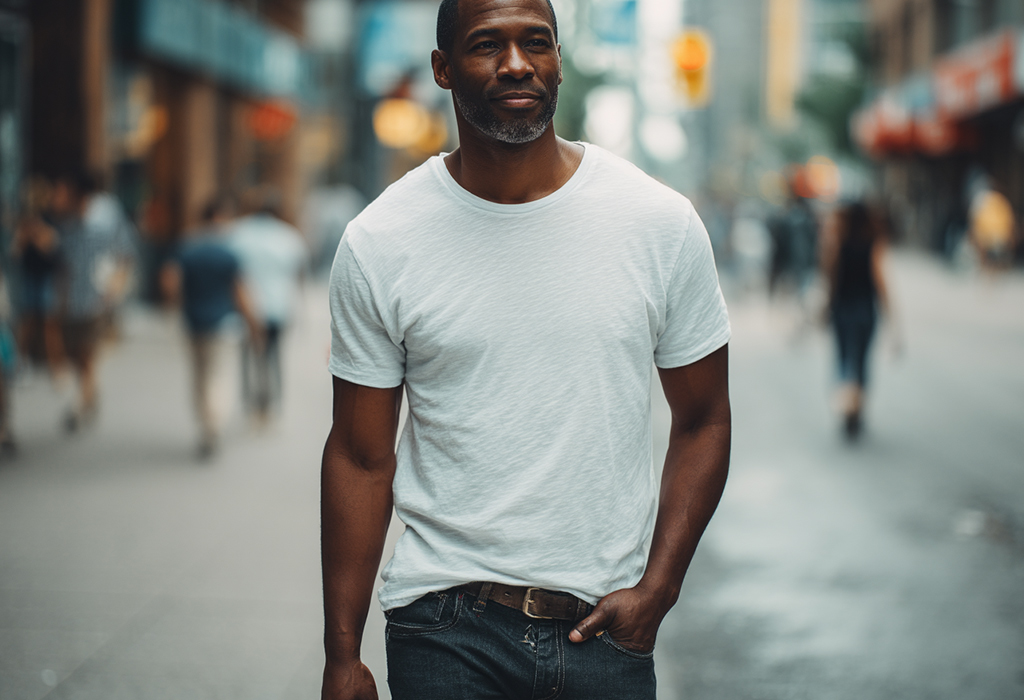 Man walking confidently in a white T-shirt and jeans, half-tucked, blending casual and stylish in an urban street scene