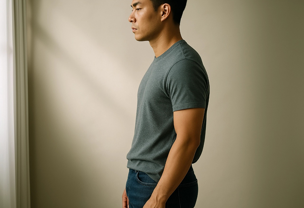 Man in a fitted T-shirt and jeans, side view, showing a clean untucked look with sharp proportions