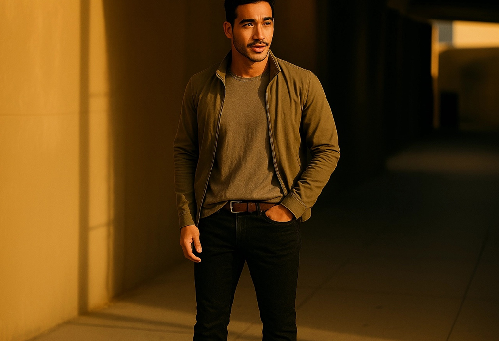 Man wearing a layered outfit with a half-tucked T-shirt, combining smart casual with relaxed confidence