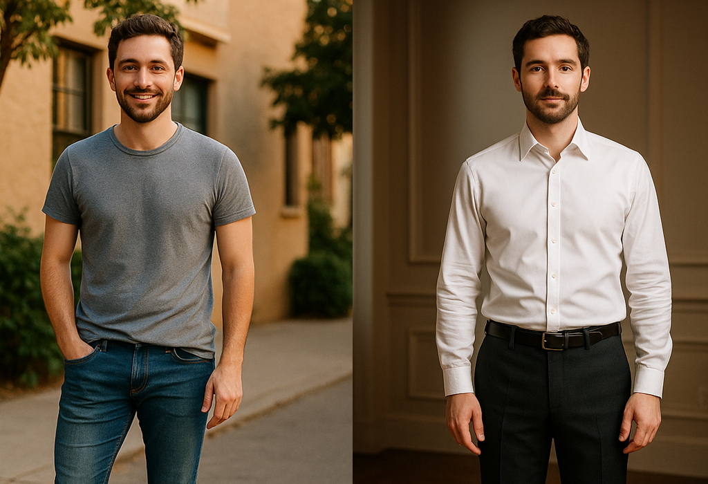 Side-by-side of a man in a casual half-tucked T-shirt and jeans versus a sharp tucked-in dress shirt and trousers