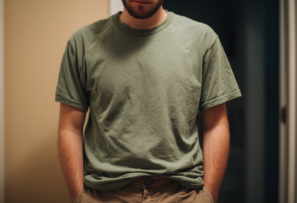 Man in a wrinkled, oversized T-shirt and casual shorts, showing a sloppy untucked look