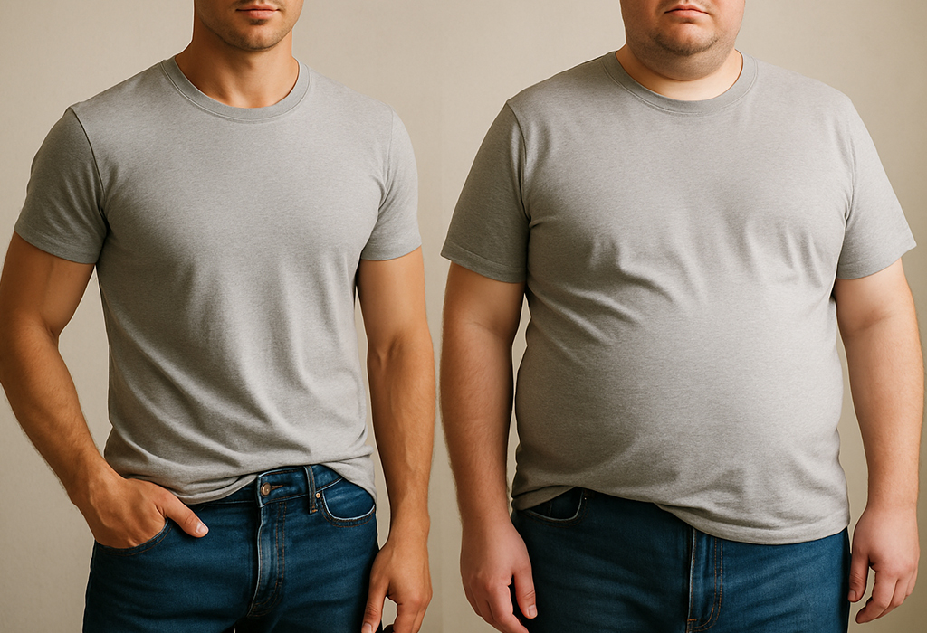 Two men in grey T-shirts and jeans, one slim and one larger build, showing fit differences with a half-tucked style