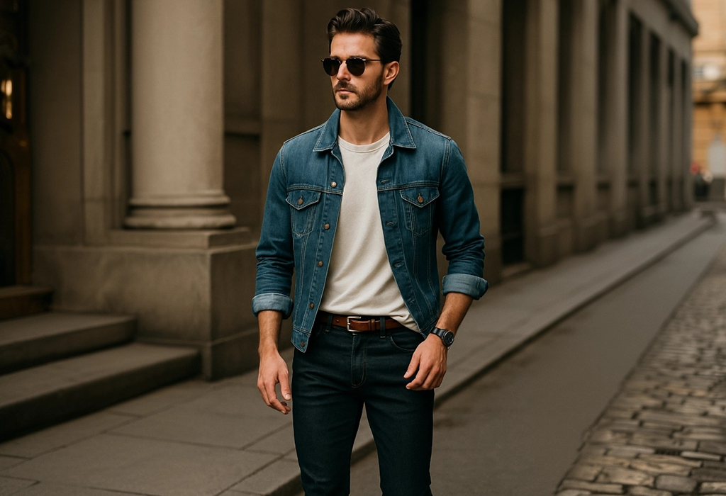 Man in a half-tucked T-shirt with jeans and a denim jacket, walking confidently in a city street