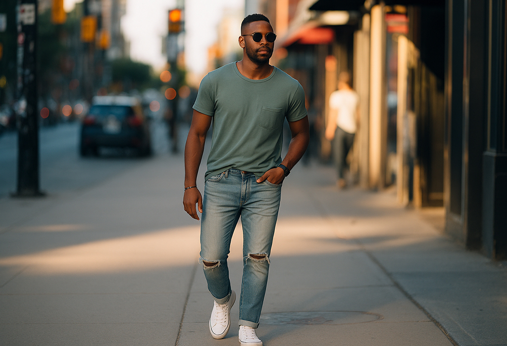 Man in a casual streetwear look with a half-tucked T-shirt, ripped jeans, and sneakers, walking confidently