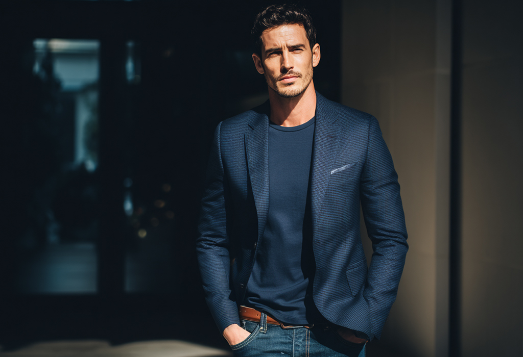 Man in a smart casual outfit with a half-tucked T-shirt, blazer, and jeans, combining relaxed and refined style.