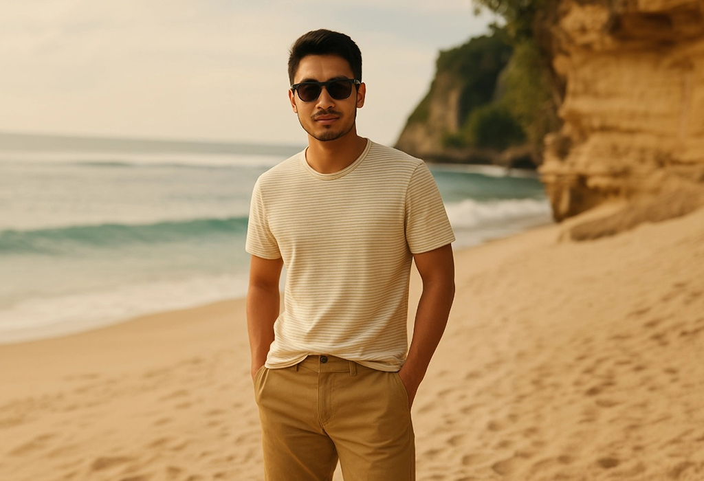 Man in a half-tucked striped T-shirt and chinos, showcasing a relaxed summer style on the beach
