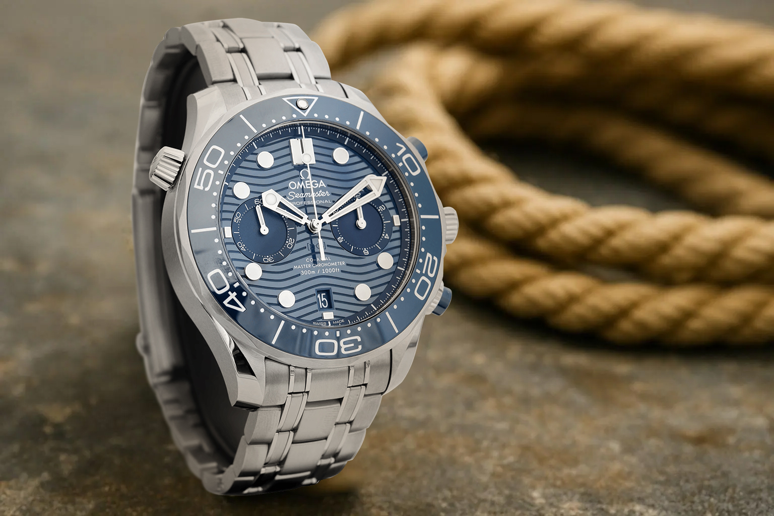Omega Seamaster Diver 300M Co-Axial Master Chronometer displayed beside a nautical rope knot – an iconic dive watch featured in “20 Iconic Dive Watches For Men"