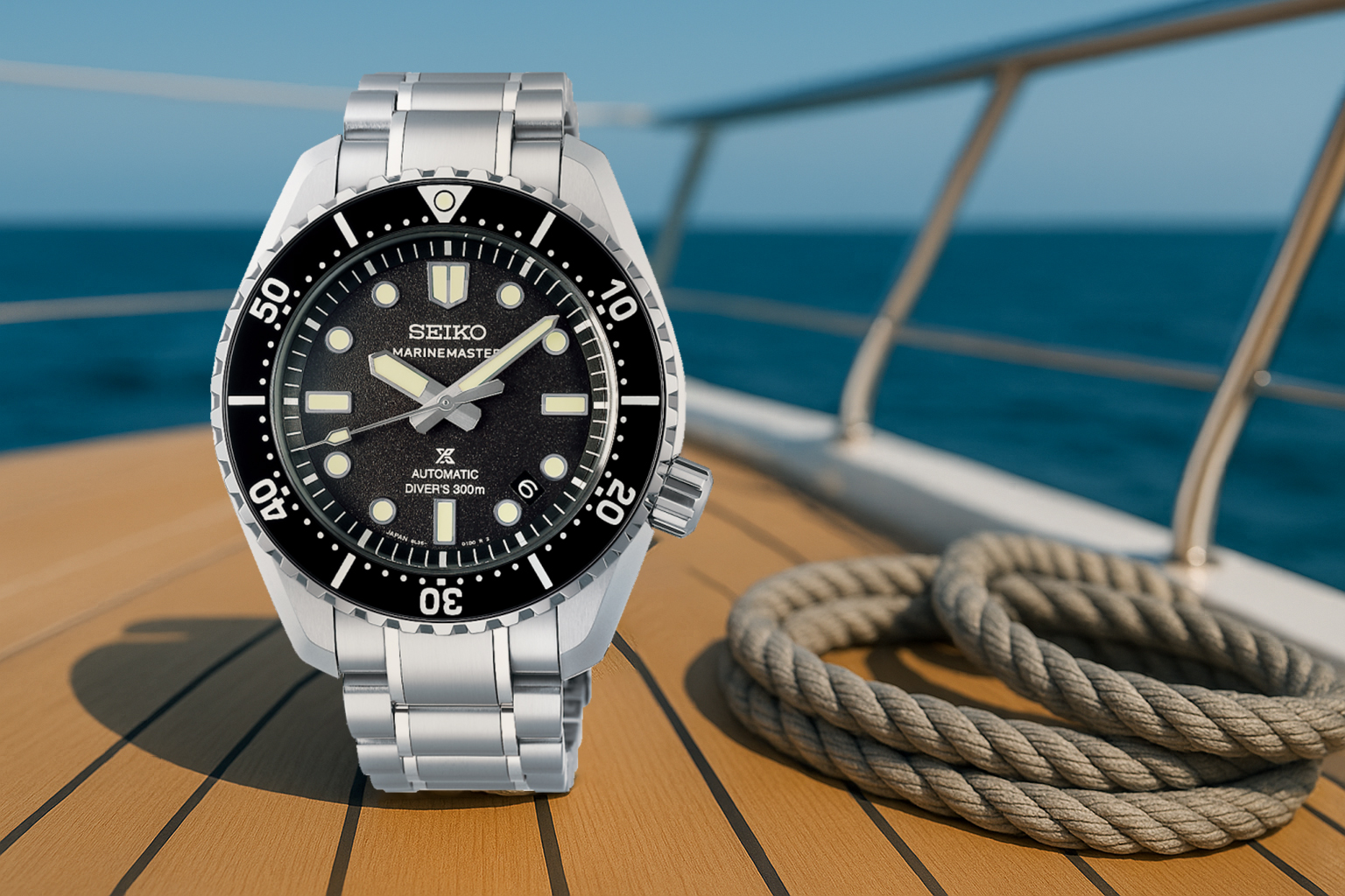 Seiko Prospex Marinemaster 300 dive watch with a black dial and bezel, showcased on a yacht deck beside a coiled rope and open sea