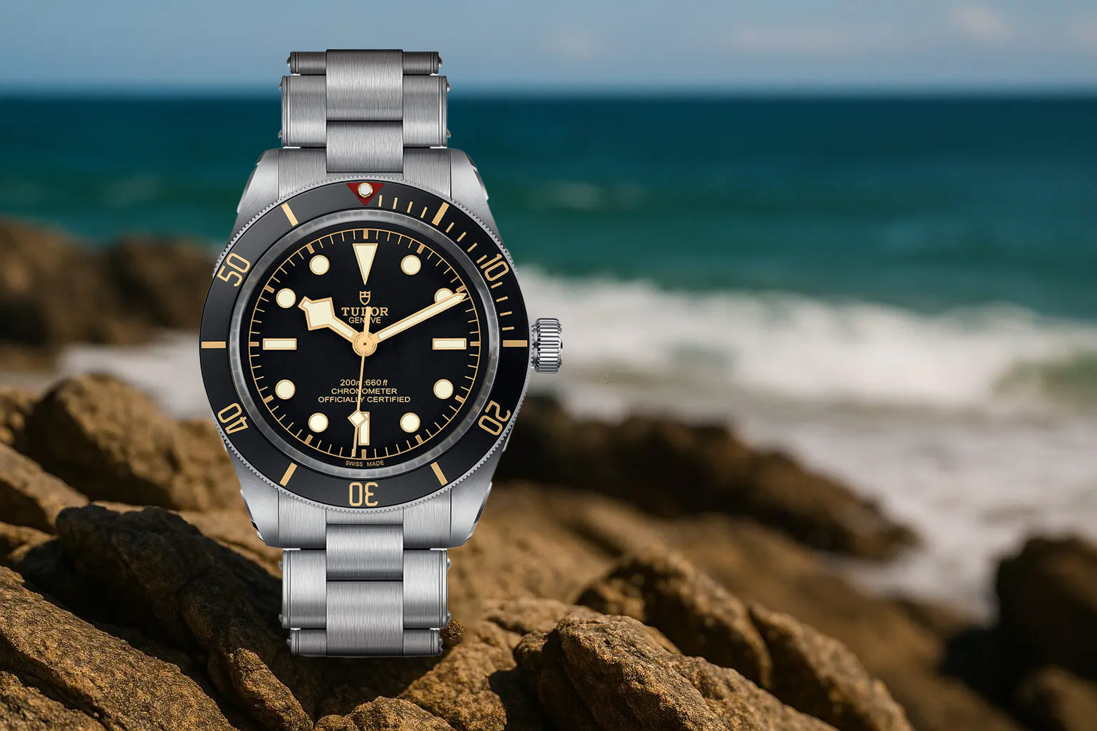 Tudor Black Bay dive watch with a black dial and gold accents, resting on rugged coastal rocks with waves crashing in the background