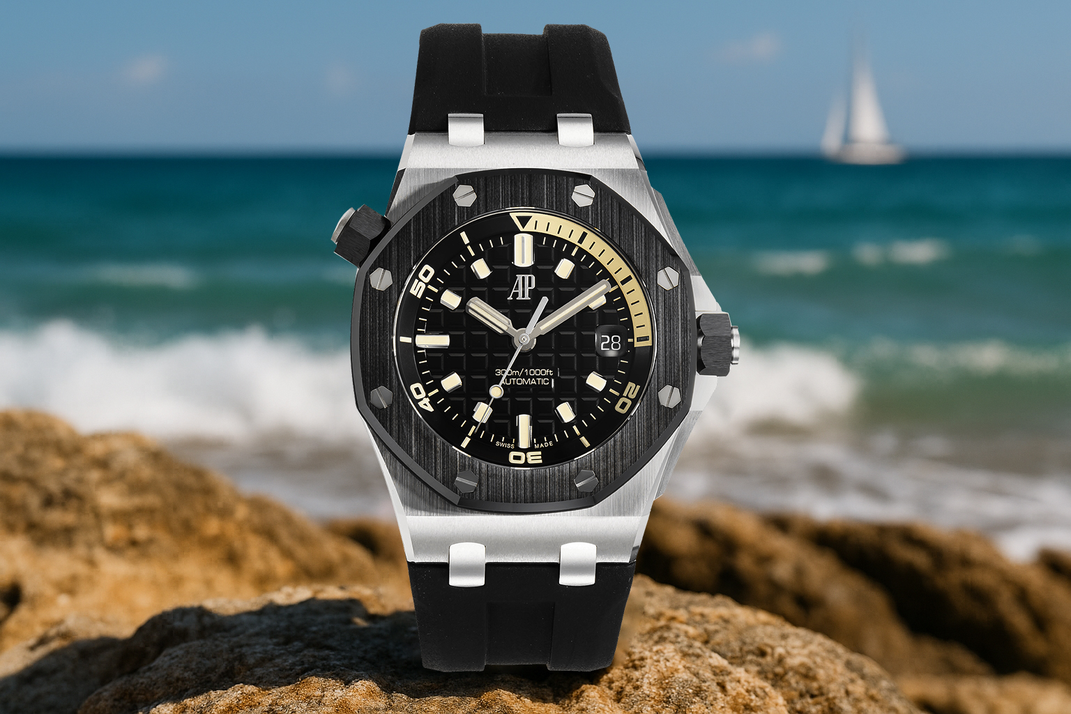 Audemars Piguet Royal Oak Offshore Diver watch with a black dial and rubber strap, resting on coastal rocks with a sailboat in the distance over turquoise waves