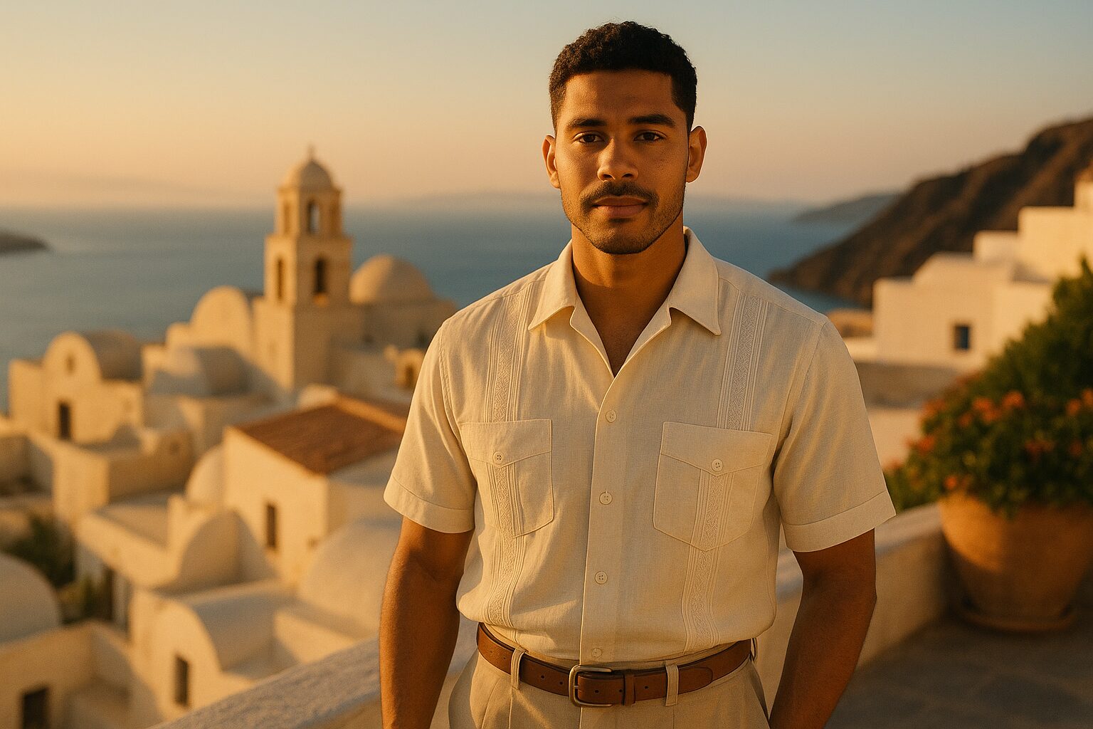 guy wearing guayabera on a sunny day next to the ocean town