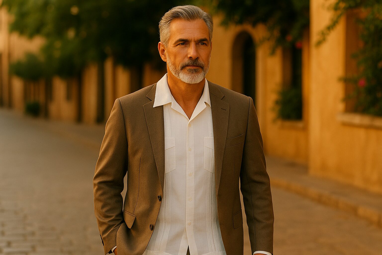 man waking in guayabera with suit