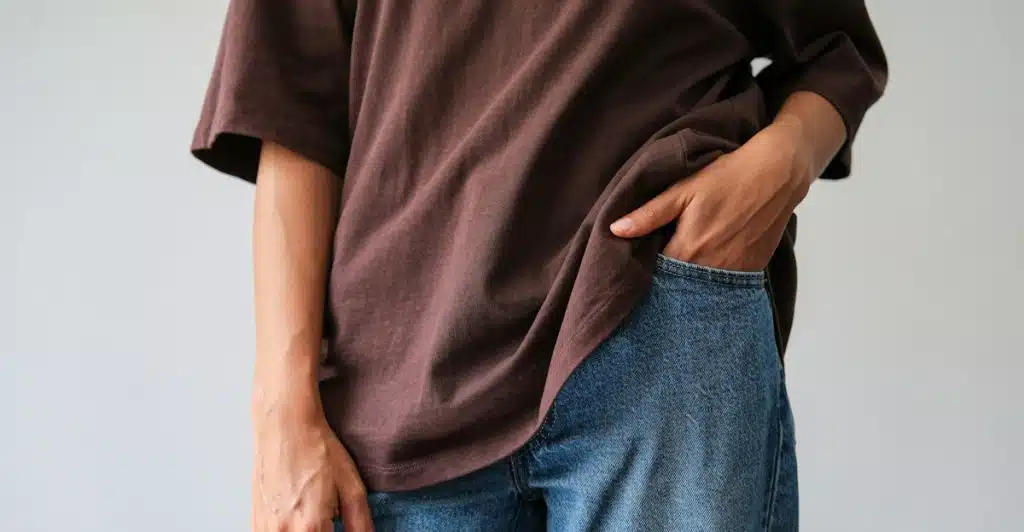 A person wearing a brown oversized t-shirt with on hand in their jeans pocket.