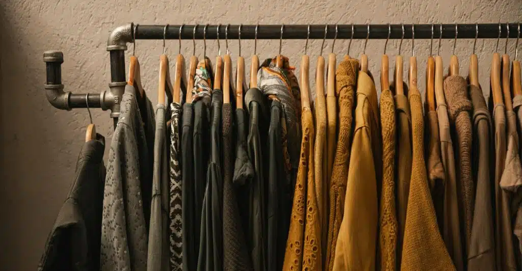 A rack placed in front of a textured wall displaying assorted garments on hangers.
