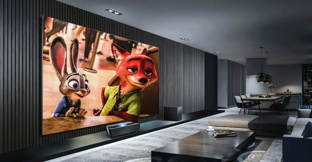 A modern living room setup with a large screen displaying a scene from the movie "Zootopia".