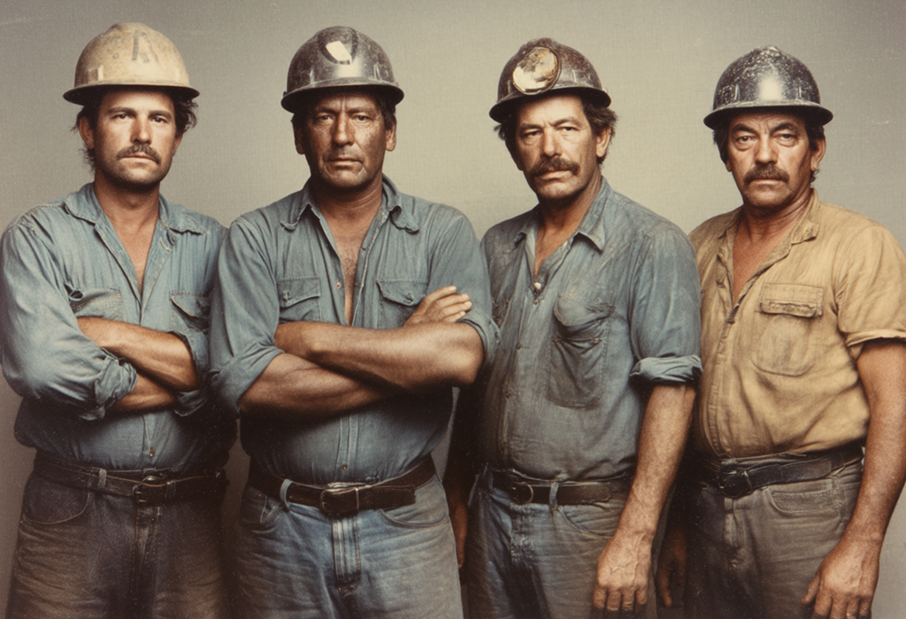 Vintage style image of a group of blue collar men wearing slightly worn, loose chambray shirts with work pants and boots, as well as scuffed, rugged hard hats