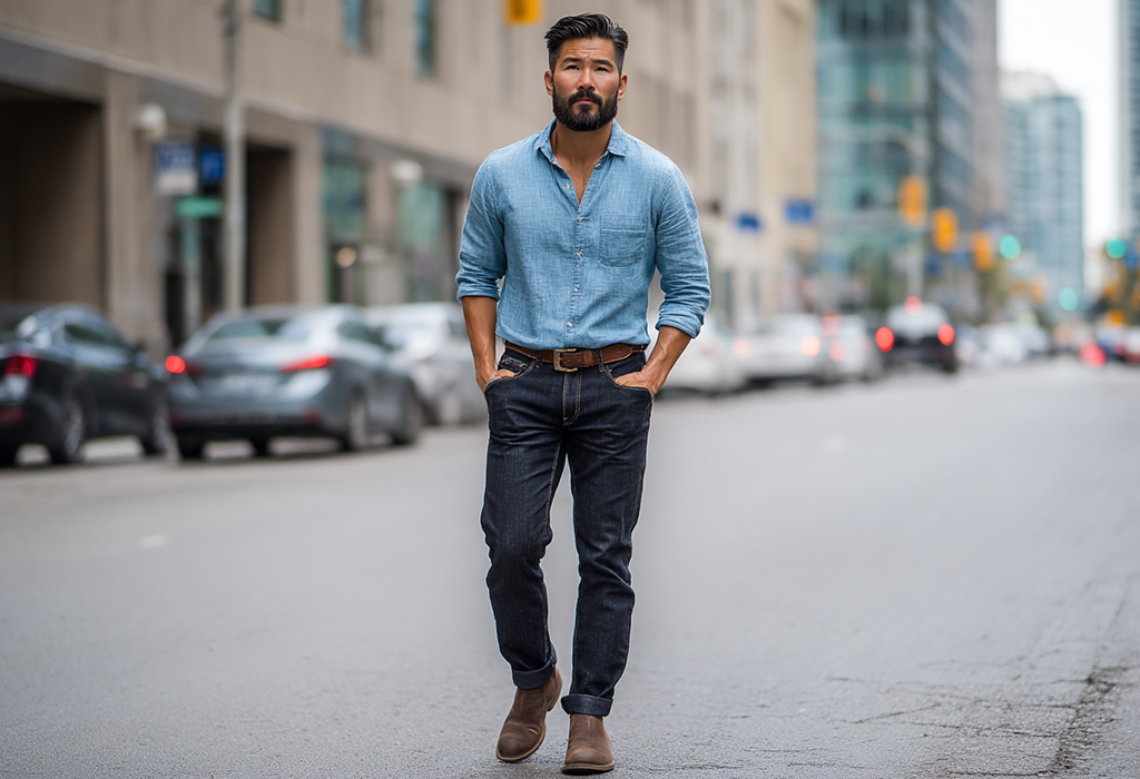 man wearing a loose, light blue chambray shirt with straight-fit, high-rise dark wash jeans, with a brown belt and boots