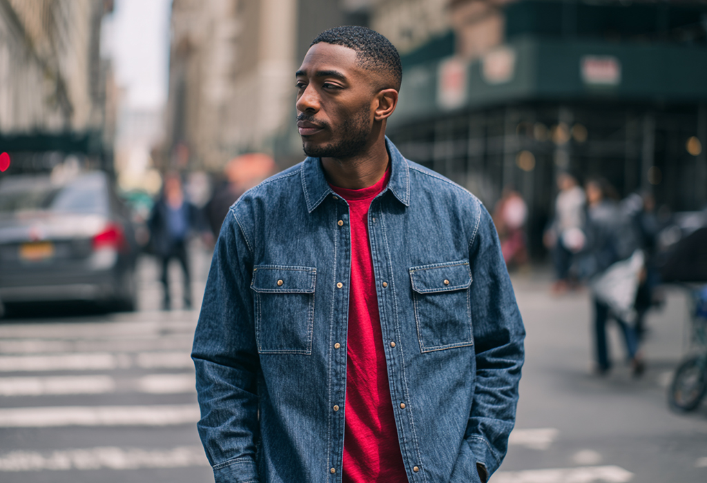 man wearing a chambray chore coat over a red t-shirt