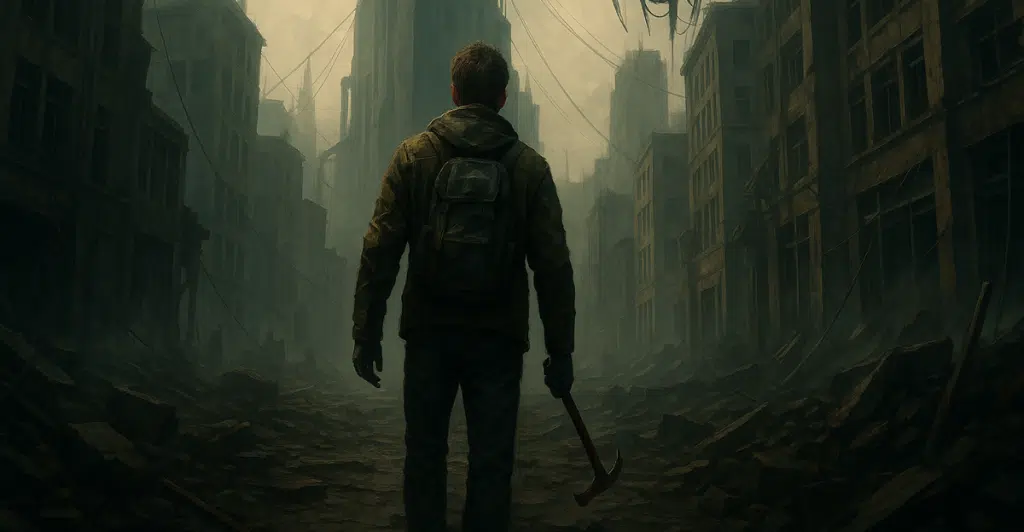 A man with a crowbar in a ruined city looking at a tall structure and a flying robot.