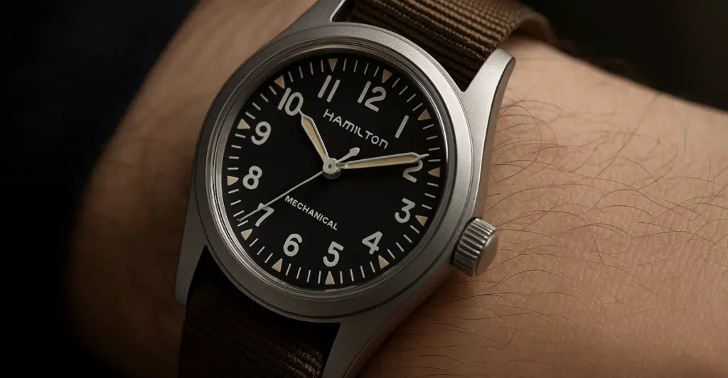 A wrist wearing a Hamilton Khaki Field Mechanical watch with a black dial, Arabic numerals, and a brown textile strap.