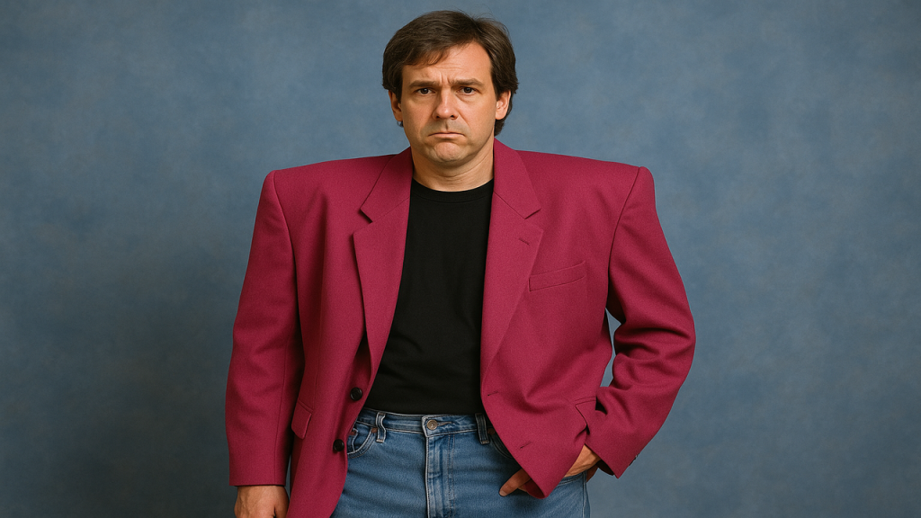 80s-style box jacket with shoulder pads