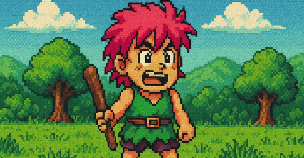 A pixel art rendering of the character Tomba, a pink-haired boy in a green loincloth holding a club, standing in a green landscape.