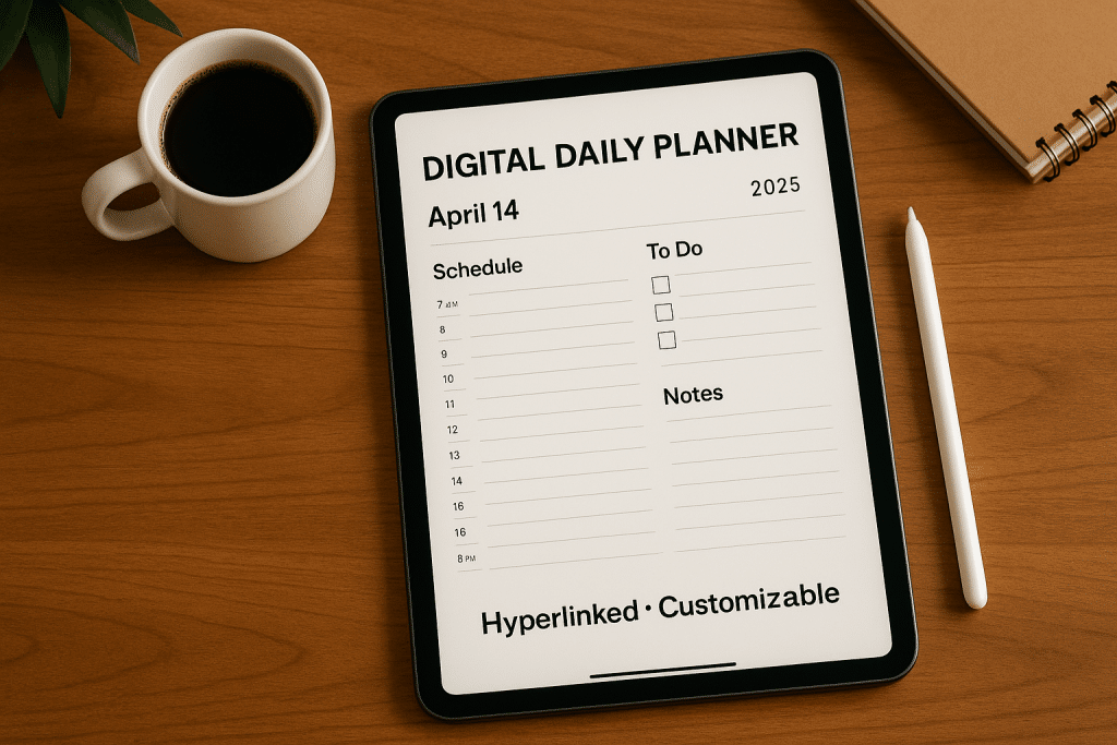 A digital daily planner displayed on a tablet with a coffee cup, pen, and notebook on a wooden table.