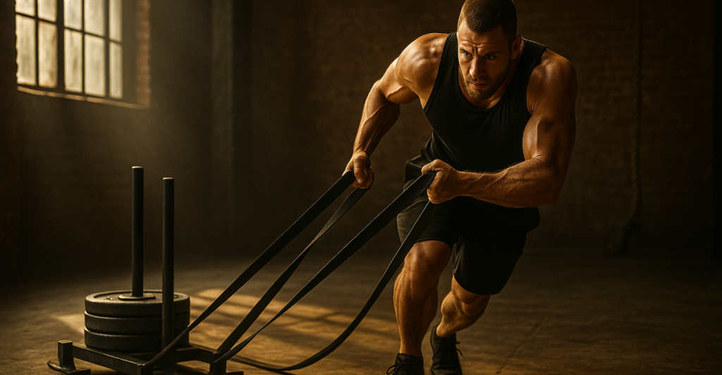 A muscular man in a black tank top and shorts is intensely pulling a weighted sled with resistance straps across the floor of a gym.