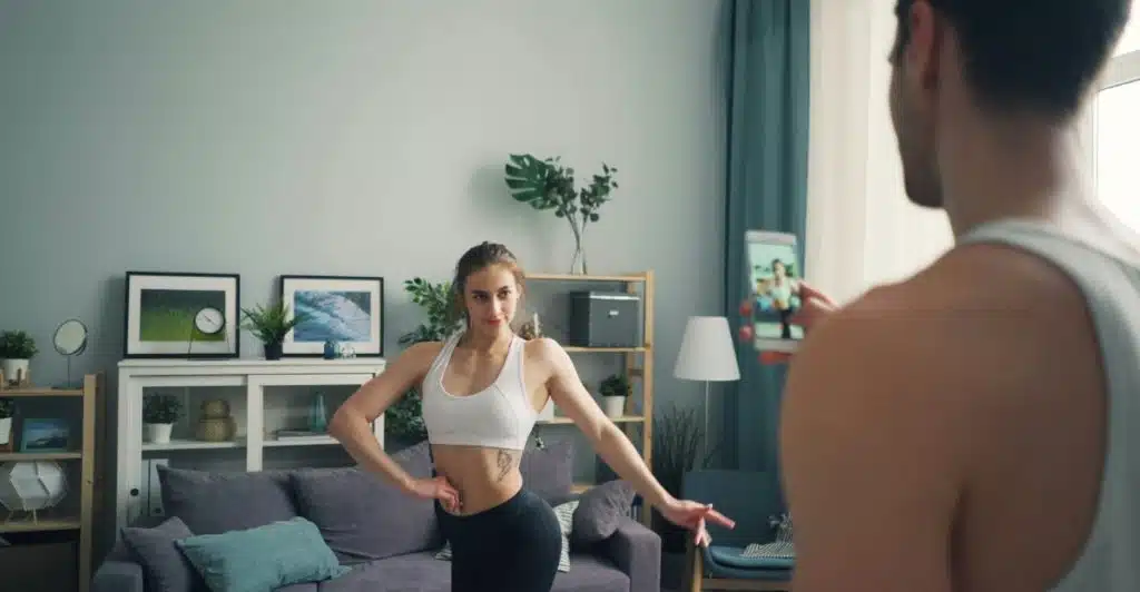 A man filming a woman posing in a living room.