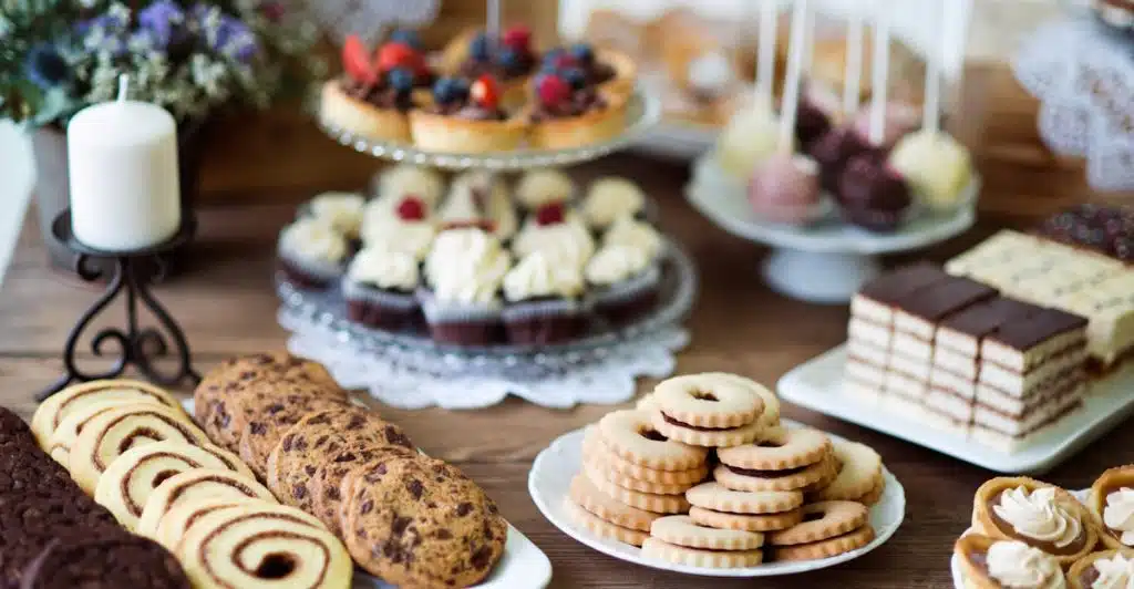 Table with various sweet snacks and desserts.