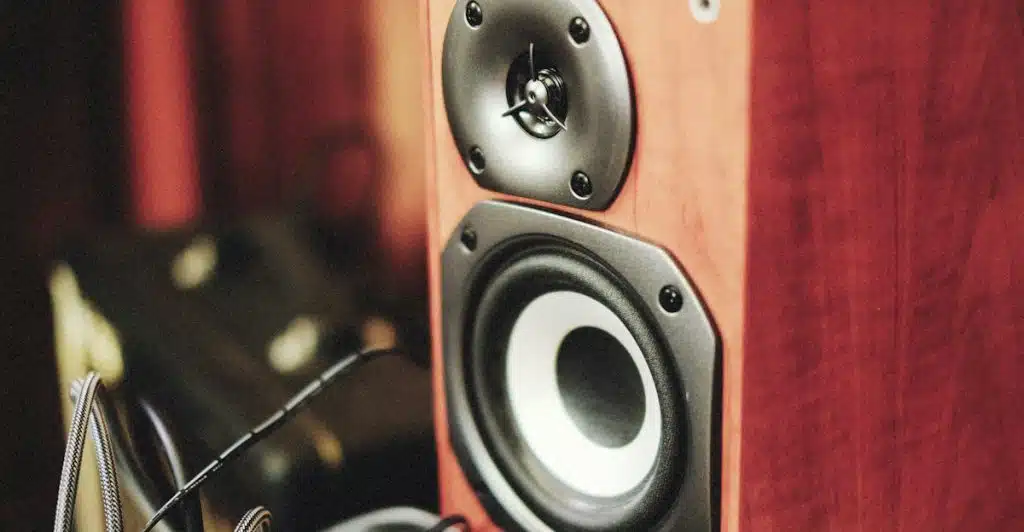 Close-up of a wooden speaker with wires.