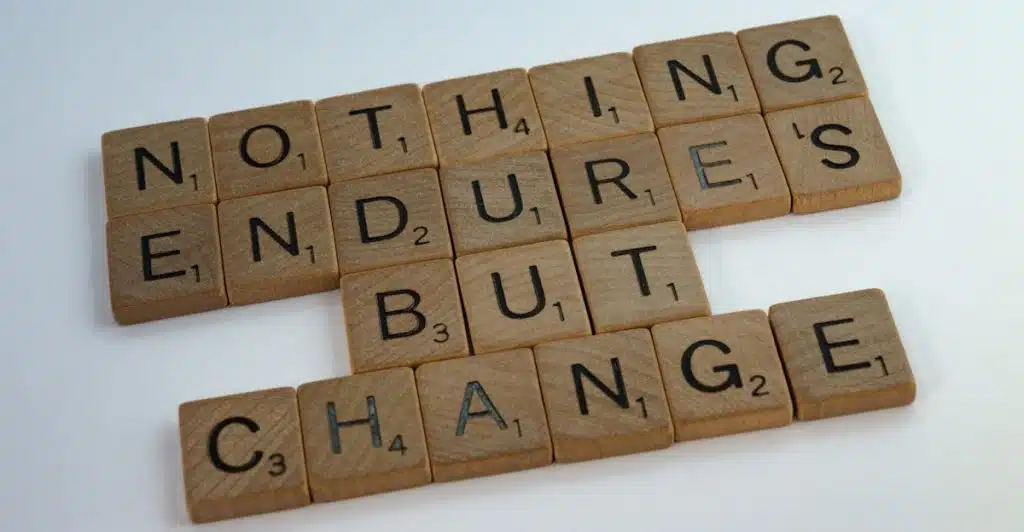 Scrabble tiles arranged to spell the phrase "NOTHING ENDURES BUT CHANGE" on a white background.