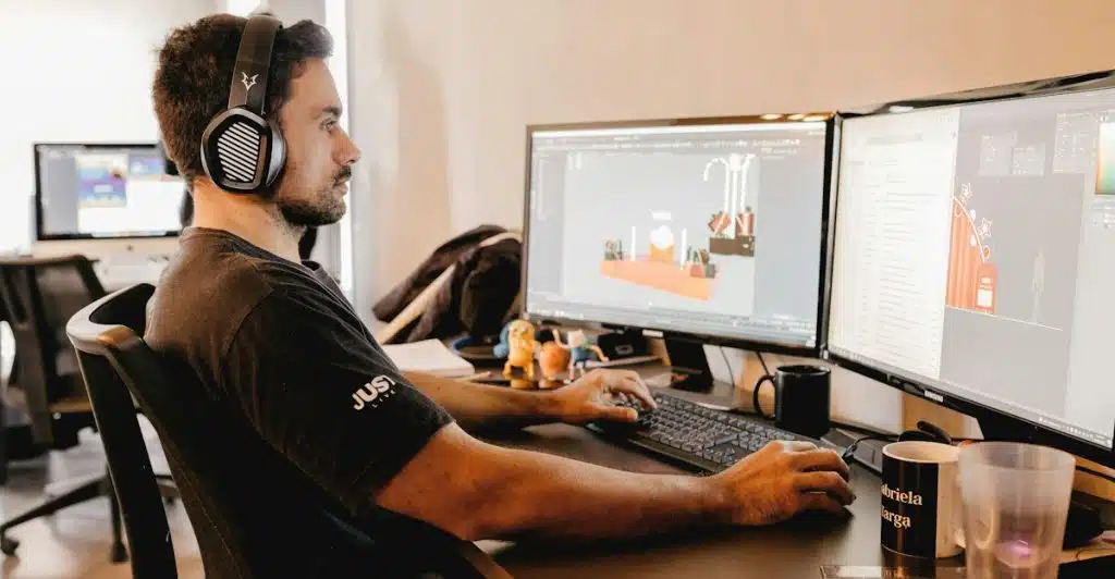A man with dark hair and headphones working on a computer with two monitors, using what appears to be a 3D modeling or AI art program.