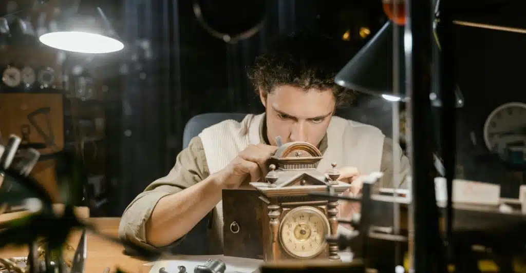 A man with curly hair intently working on a vintage clock under a focused light, surrounded by tools and clock parts.