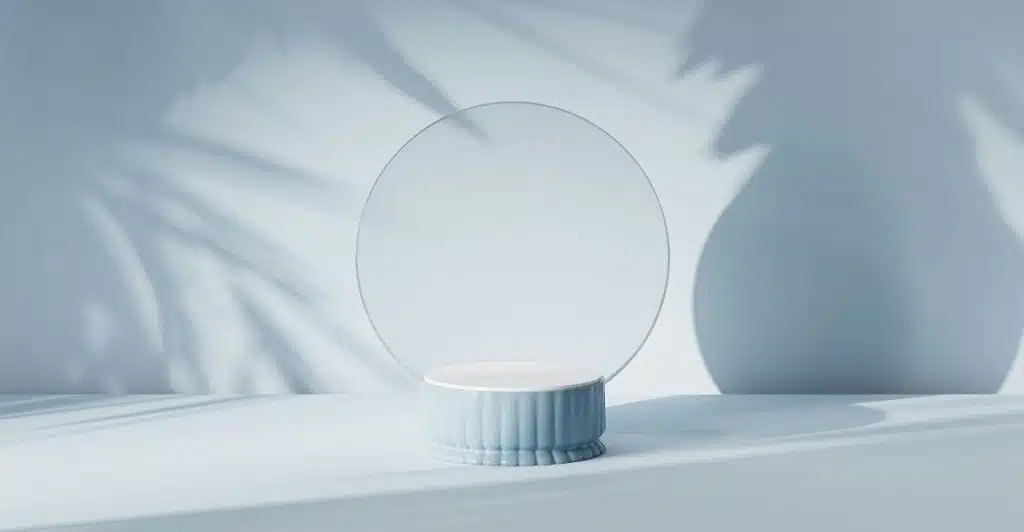 An oval mirror on a light blue pedestal against a light blue background with shadows of leaves.