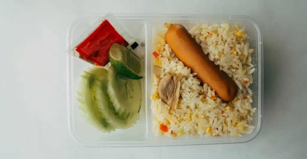 A plastic container divided to hold rice, a sausage, pieces of chicken, cucumber slices, and a lime wedge.