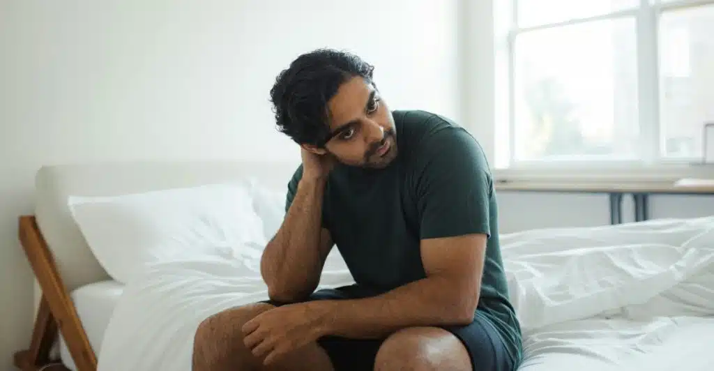 A man with dark hair sitting on the edge of a bed, looking tired and rubbing his neck.