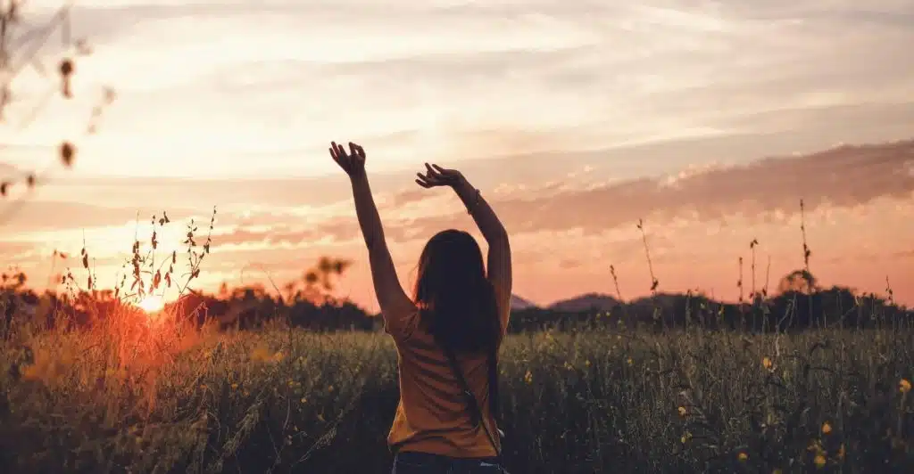 A woman seen from behind with her arms raised, standing in a field during sunset.