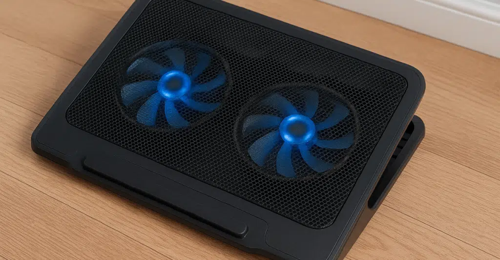 A black laptop cooling pad with two illuminated blue fans on a wooden floor.