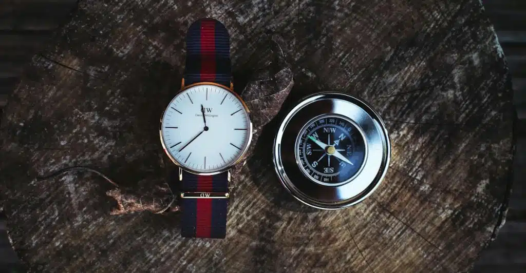 A watch with a white face and a red and blue striped NATO strap lying on a rough wooden log next to a metallic compass.