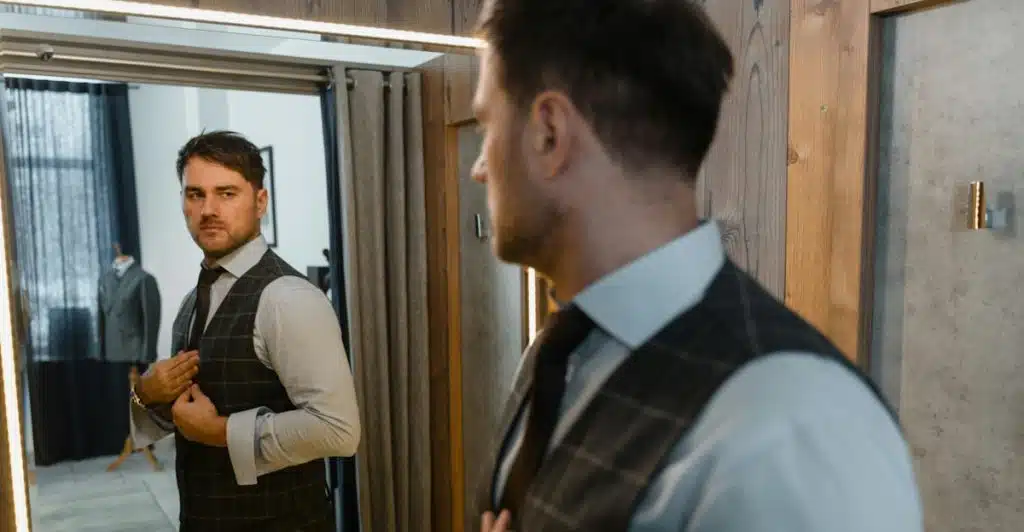 A man in a vest and dress shirt looking at his reflection in a mirror inside a changing room.