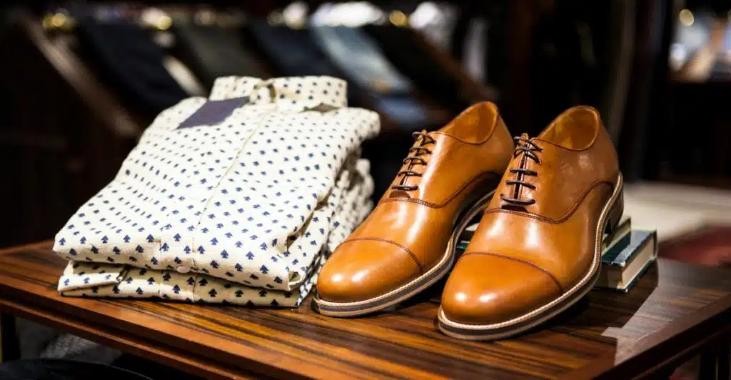 A neatly folded white and blue polka dot shirt next to a pair of brown leather shoes on a wooden table.