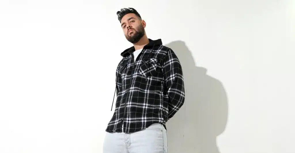 A man in a black and white plaid shirt and light wash jeans posing against a white background.