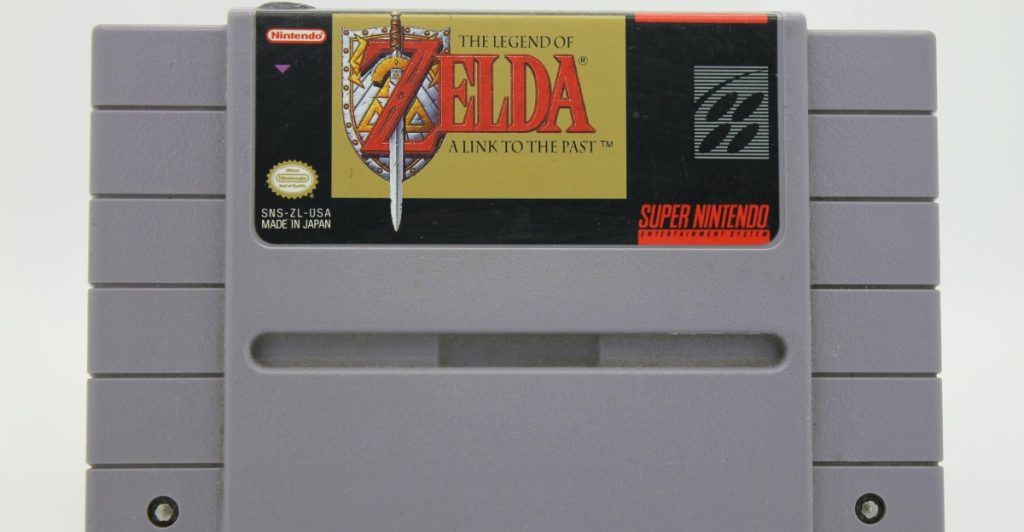 A "The Legend of Zelda A Link to the Past" video game cartridge for Super Nintendo.