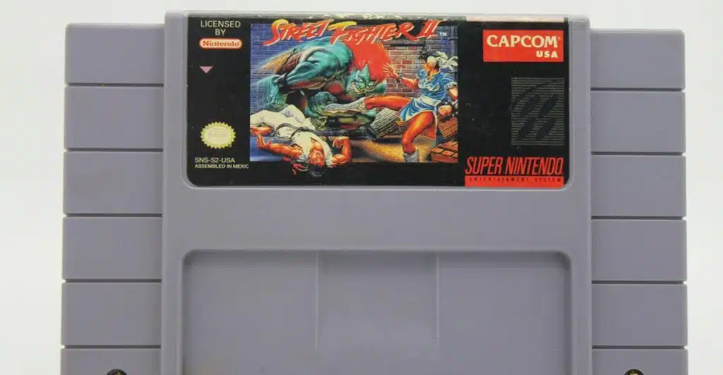 A "Street Fighter II" video game cartridge for Super Nintendo.