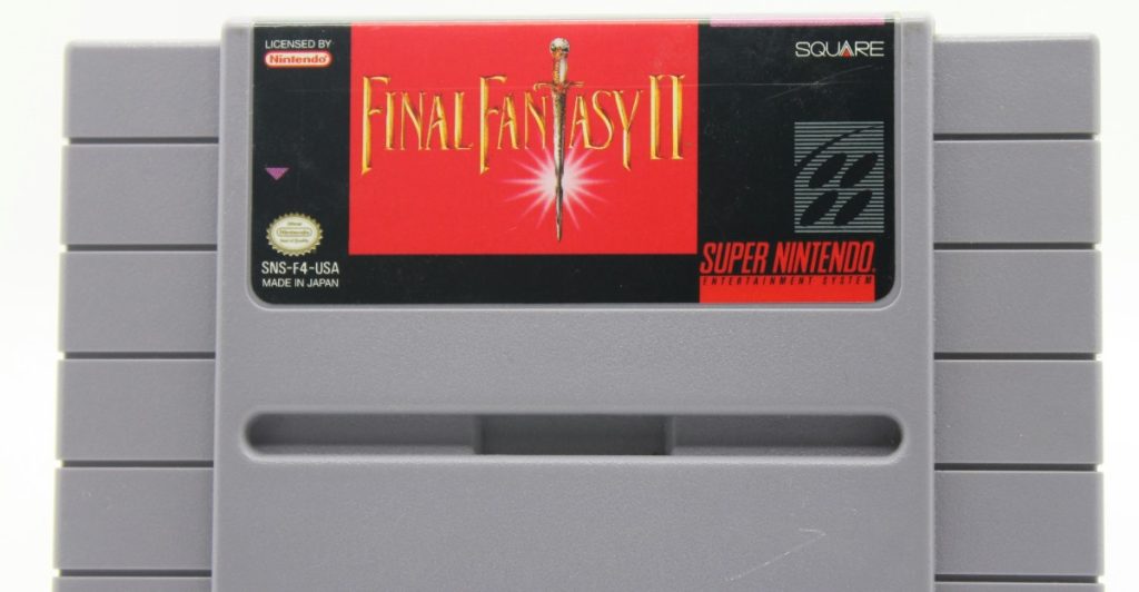 A "Final Fantasy III" video game cartridge for Super Nintendo.