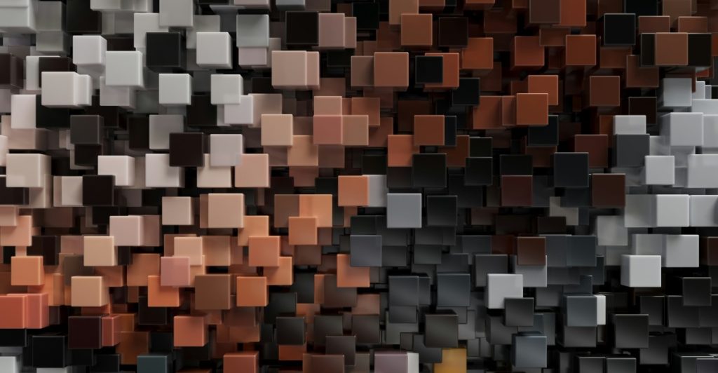 An abstract image composed of various sized and colored blocks resembling the aesthetic of Minecraft.