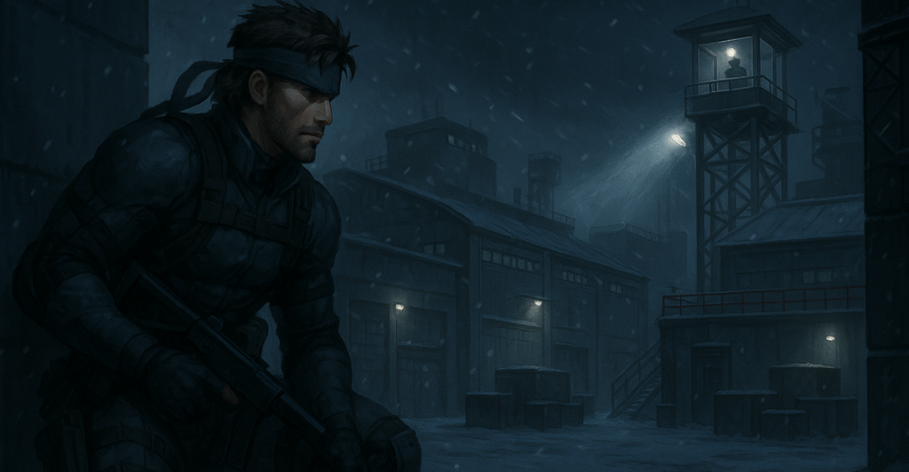 Solid Snake, a character from Metal Gear Solid, in a snowy military base, crouching with a gun.
