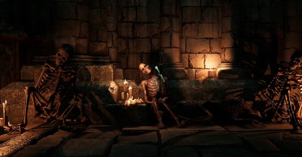 A dimly lit dungeon scene with skeletons and candles, characteristic of The Elder Scrolls V Skyrim.