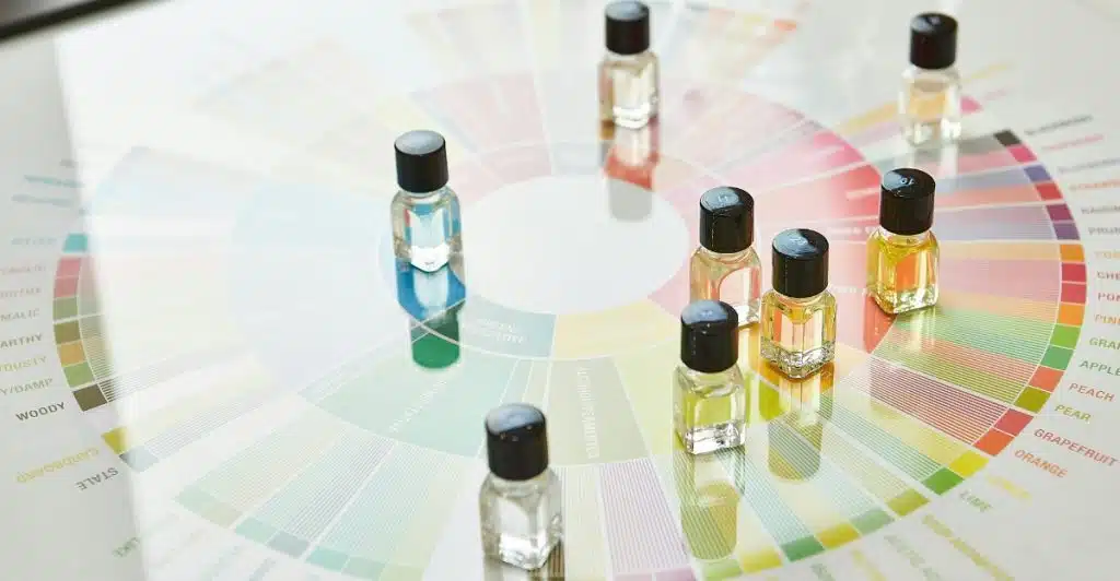 Several small, clear glass vials with black and gold caps are arranged on a colorful scent wheel chart, which categorizes different fragrance notes.